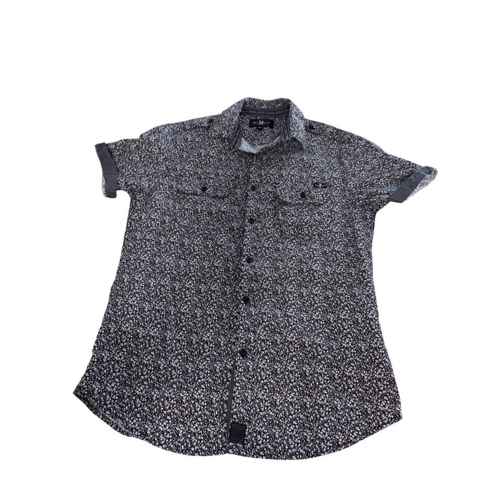Marc Ecko Cut & Sew Black White Floral Ditsy Short Sleeve Button Down Shirt S